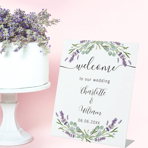 Wedding lavender eucalyptus greenery welcome pedestal sign