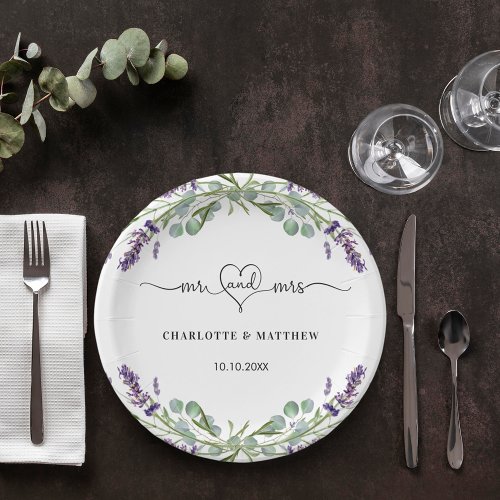 Wedding lavender eucalyptus mr mrs heart names paper plates