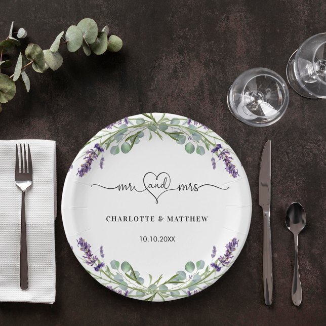 Wedding lavender eucalyptus mr mrs heart names paper plates (Creator Uploaded)