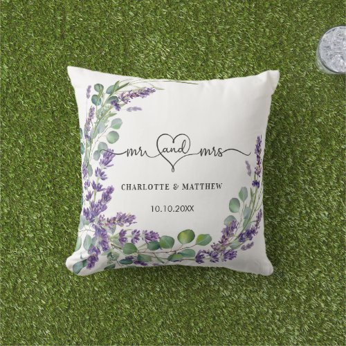 Wedding lavender eucalyptus wreath mr mrs names outdoor pillow