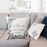 Wedding lavender eucalyptus wreath mr mrs names throw pillow<br><div class="desc">White background,  black text. Decorated with lavender flowers,  and eucalyptus greenery. Mr and Mrs with a heart.  Personalize and add your names and the wedding date.</div>
