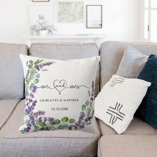 Wedding lavender eucalyptus wreath mr mrs names throw pillow