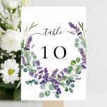 Wedding lavender florals eucalyptus greenery table number<br><div class="desc">A stylish white backgrond decorated with violet,  lavender florals and eucalyptus greenery. Personalize and your table numbers. Black letters.</div>