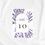 Wedding lavender florals violet  table number<br><div class="desc">A stylish white backgrond decorated with an arch frame of violet,  lavender florals. Personalize and your table numbers. Black letters.</div>