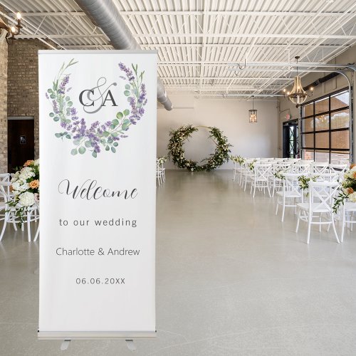 Wedding lavender greenery monogram welcome retractable banner