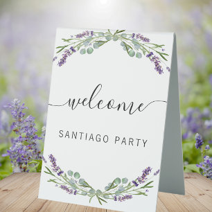 Wedding lavender name script welcome table tent
