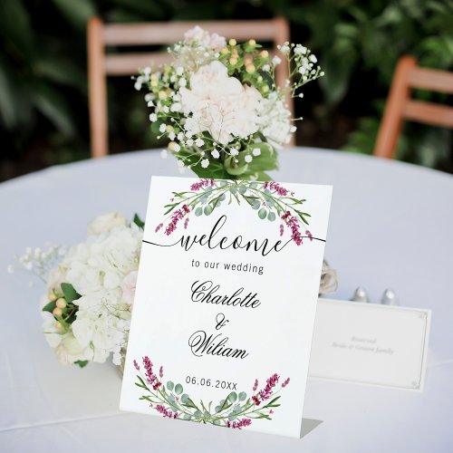 Wedding lavender pink eucalyptus greenery welcome pedestal sign