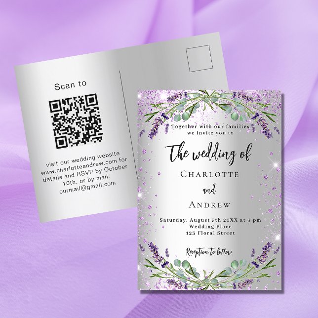Wedding lavender silver eucalyptus QR-code RSVP Invitation Postcard (Creator Uploaded)