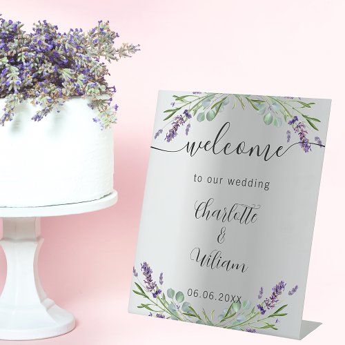Wedding lavender silver eucalyptus welcome pedestal sign