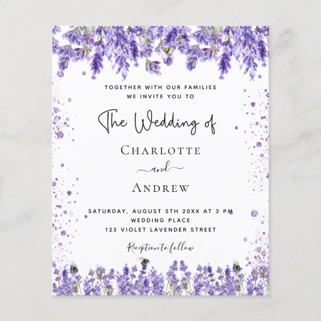 Wedding lavender violet glitter budget invitation flyer (Front)