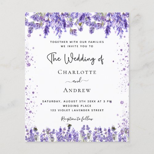 Wedding lavender violet glitter budget invitation flyer