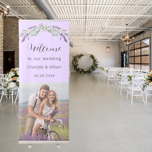 Wedding lavender violet greenery photo welcome retractable banner