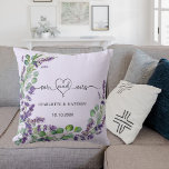 Wedding lavender violet wreath mr mrs names throw pillow<br><div class="desc">Violet background,  black text. Decorated with purple lavender flowers,  and eucalyptus greenery. Mr and Mrs with a heart.  Personalize and add your names and the wedding date.</div>