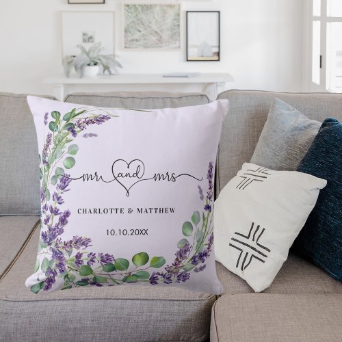 Wedding lavender violet wreath mr mrs names throw pillow