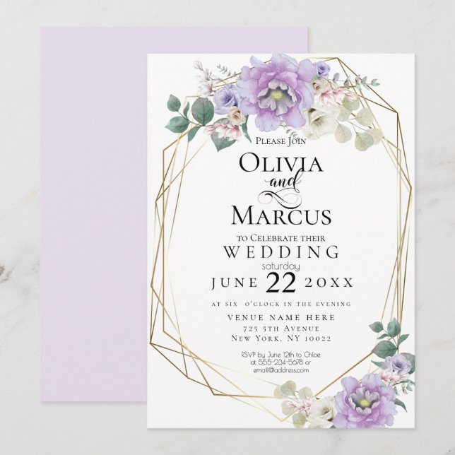 Wedding | Lavender Watercolor Floral Geometric Invitation (Front/Back)