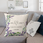 Wedding lavender wreath beige mr mrs names throw pillow<br><div class="desc">Beige background,  black text. Decorated with lavender flowers,  and eucalyptus greenery. Mr and Mrs with a heart.  Personalize and add your names and the wedding date.</div>