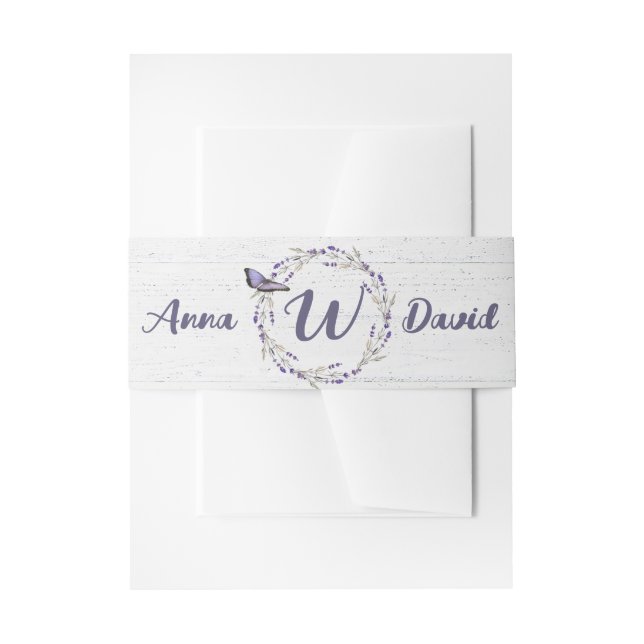 Wedding Lavender Wreath On Whitewashed Wood Invitation Belly Band (Front Example)