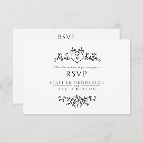 Wedding leaf art monogram black white meal wedding RSVP card