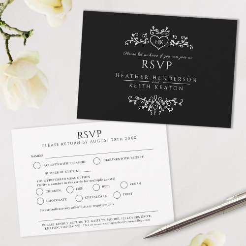 Wedding leaf art monogram black white meal wedding RSVP card