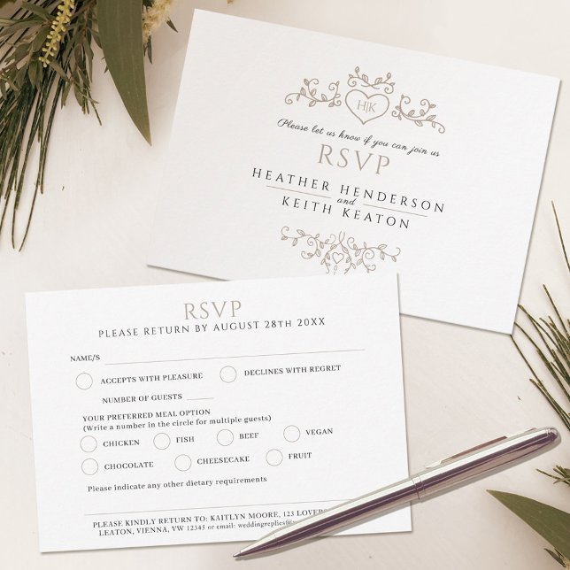 Wedding leaf line art monogram beige meal wedding RSVP card (Creator Uploaded)