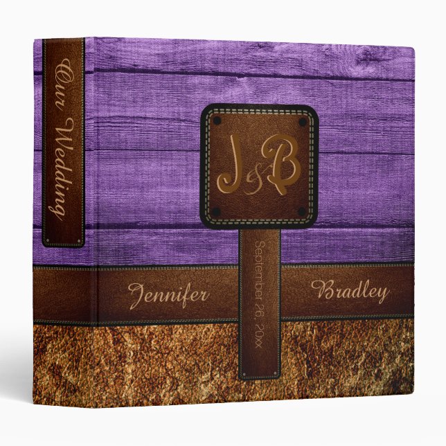 Wedding Leather Look Purple Wood #2 3 Ring Binder (Front/Spine)