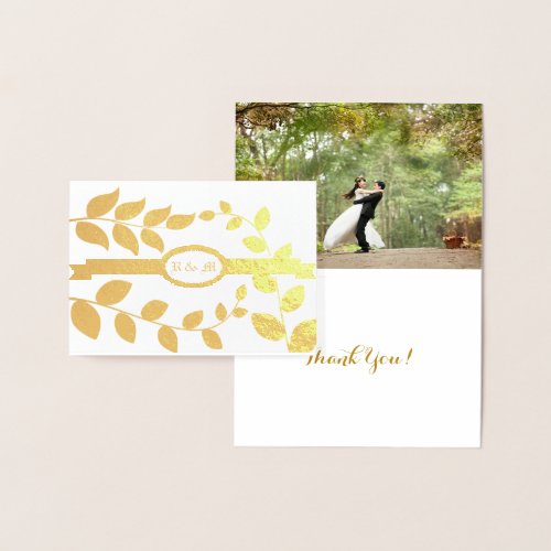 Wedding Leaves in Gold with Initials Custom Text Foil Card