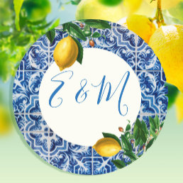 Wedding Lemon Blue Tile Monogram Summer Classic Round Sticker