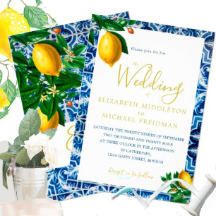 Wedding Lemons Blue White Tiles Tuscan Elegant Invitation