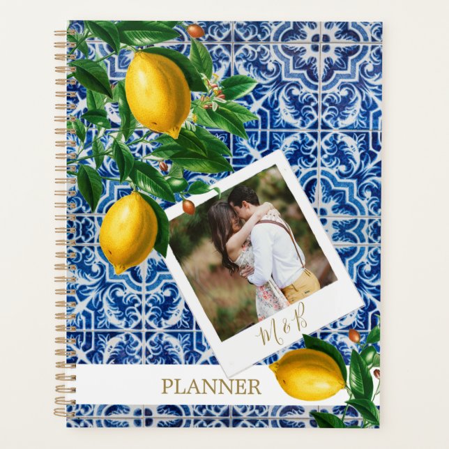 Wedding  Lemons  Photo Blue White Tiles Elegant Planner (Front)