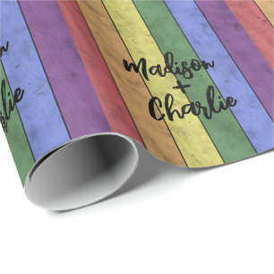 Wedding LGBT flag pride Vintage Custom Names Wrapping Paper