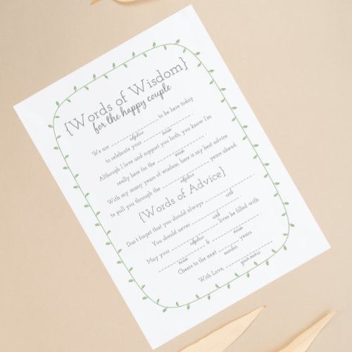 Wedding Libs Words of Wisdom 2 two sided game Invitation