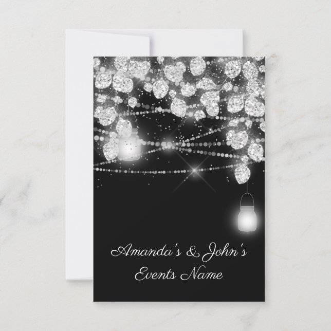Wedding Lights Jars Glitter Gray Black White Invitation (Back)