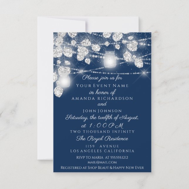 Wedding Lights Jars Glitter Gray Blue Navy Invitation (Front)