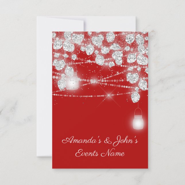 Wedding Lights Jars Glitter Gray Silver Red Invitation (Back)