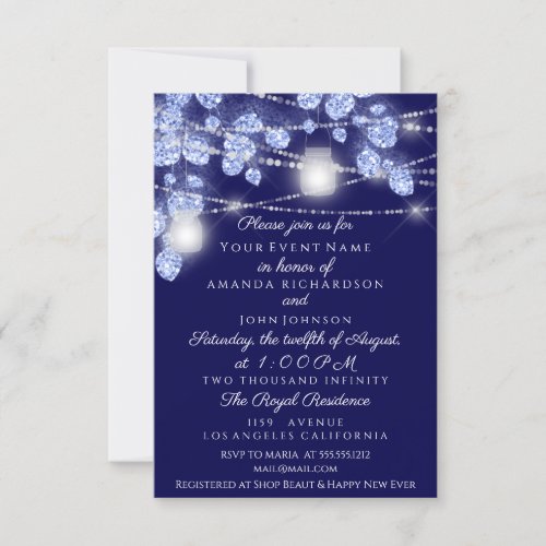 Wedding Lights Jars Rustic Glitter Blue Navy Invitation