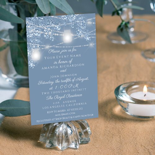 Wedding Lights Jars Rustic Glitter Dusty Blue Invitation