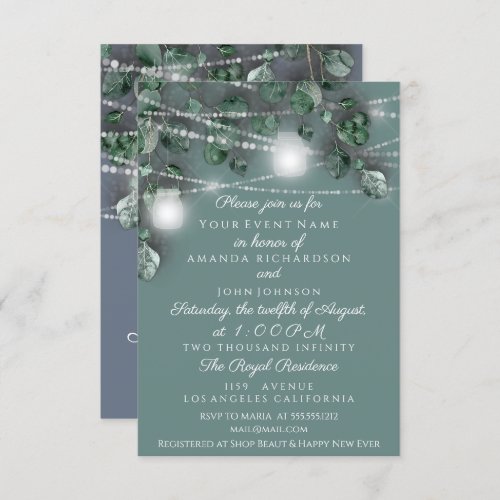 Wedding Lights Jars Rustic Green Blue Woodland Invitation