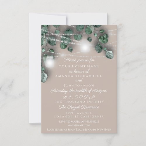 Wedding Lights Jars Rustic Green Ivory Woodland Invitation