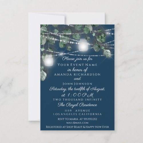 Wedding Lights Jars Rustic Green Mint Navy Invitation