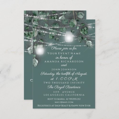 Wedding Lights Jars Rustic Green Mint Woodland Invitation