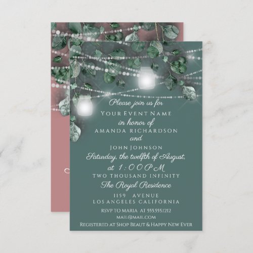 Wedding Lights Jars Rustic Green Rose Greenery Invitation