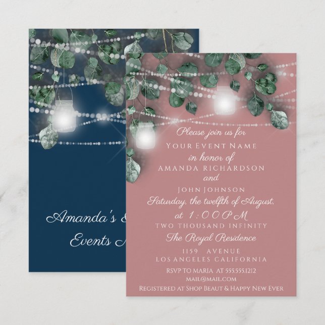 Wedding Lights Jars Rustic Green Rose Navy Invitation (Front/Back)