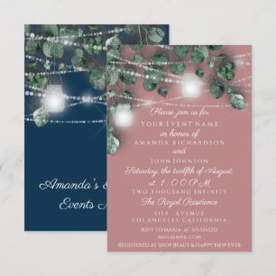Wedding Lights Jars Rustic Green Rose Navy Invitation