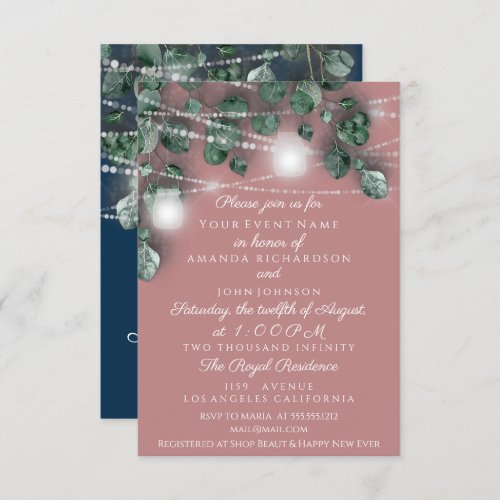 Wedding Lights Jars Rustic Green Rose Navy Invitation