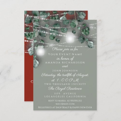 Wedding Lights Jars Rustic Green Smoky Mint Red Invitation