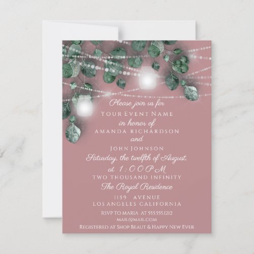 Wedding Lights Jars Rustic Green Smoky Pink Wood Invitation