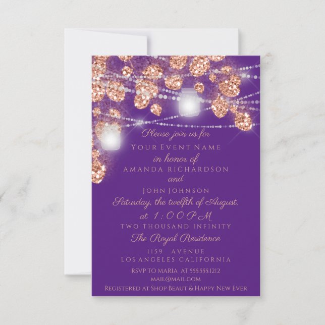 Wedding Lights Jars Rustic Rose Gold Blush Purple Invitation (Front)