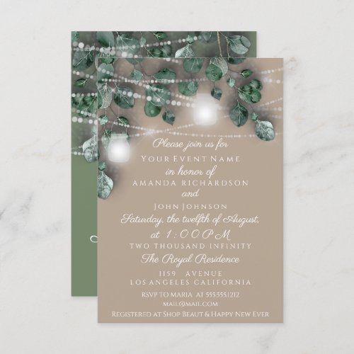 Wedding Lights Jars Rustic Smoky Ivory Greenery Invitation