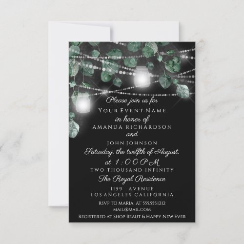 Wedding Lights Jars Rustic Smoky Mint Black Invitation