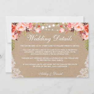 Wedding Lights Lace Coral Details Kraft Insert Card